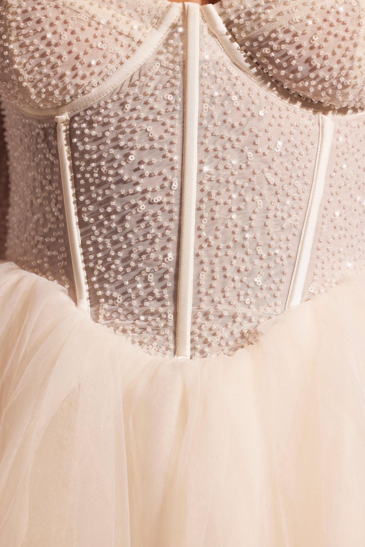 Embellished Long Sleeve Tulle Skirt Mini Dress in Ivory