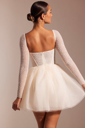 embellished long sleeve tulle skirt mini dress in ivory NWT Oh Polly Calliope Embellished Long Sleeve Tulle Skirt Ivory Mini Dress 2 & 4