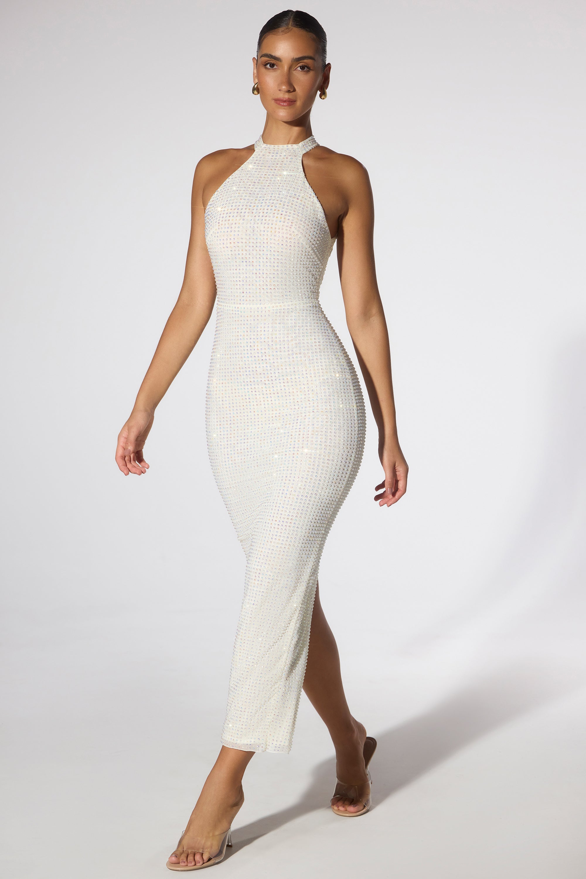 Embellished Halter Neck Low Back Evening Gown in Ivory