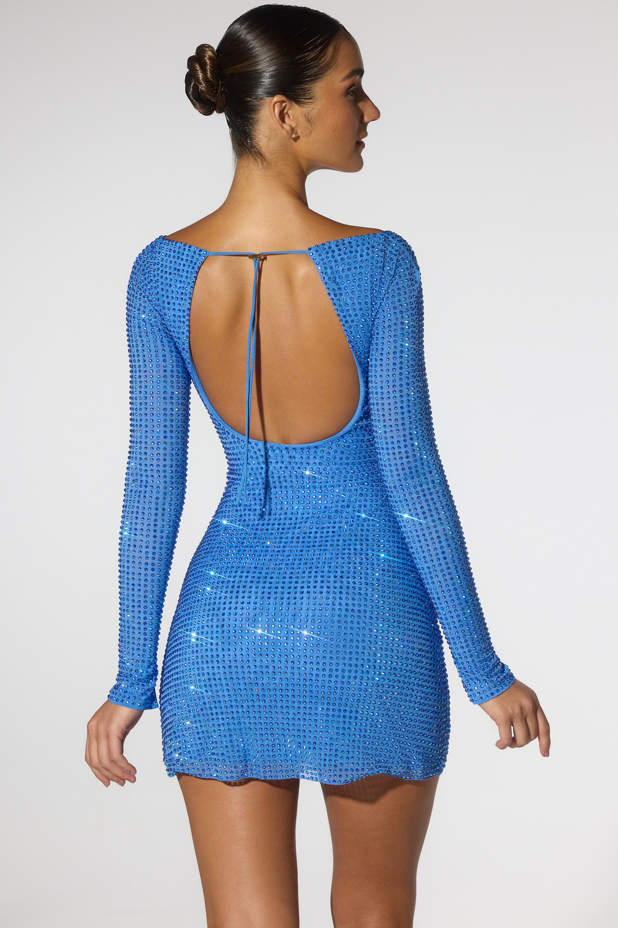 Embellished Corset Open Back Long Sleeve Mini Dress in Cobalt Blue