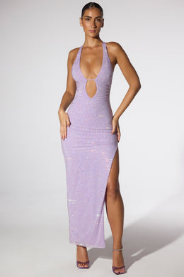 Embellished Plunge Neck Low Back Evening Gown in Lilac
