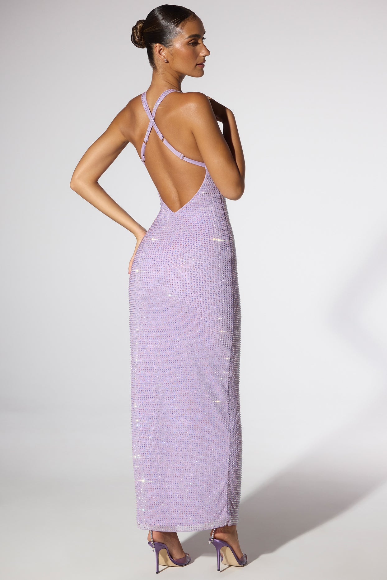 Embellished Plunge Neck Low Back Evening Gown in Lilac