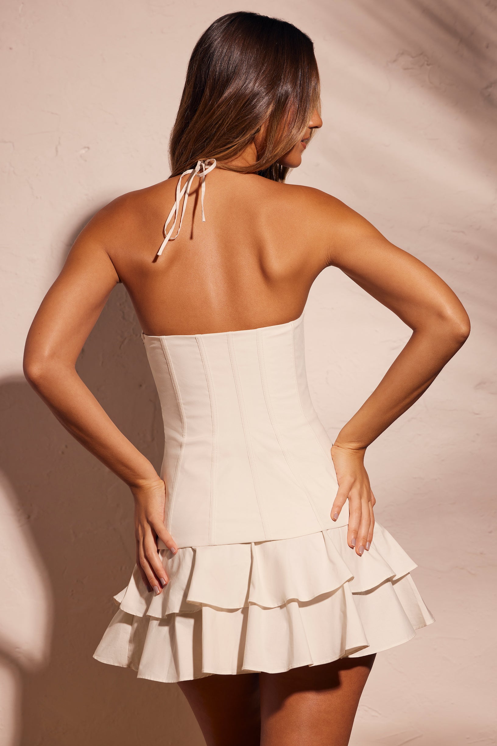Frill Hem Corset Cotton Mini Dress in Ecru - 2