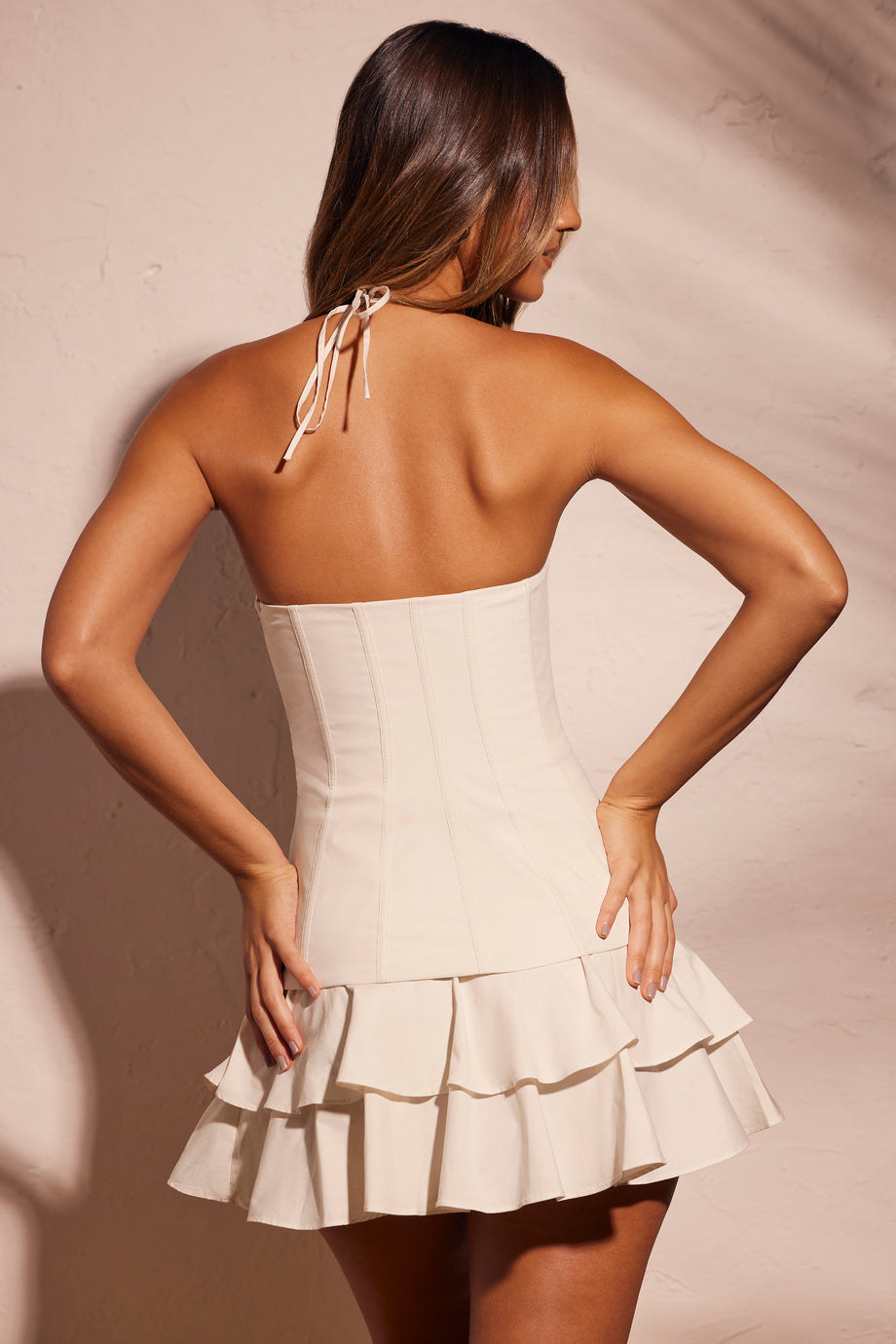 Frill Hem Corset Cotton Mini Dress in Ecru