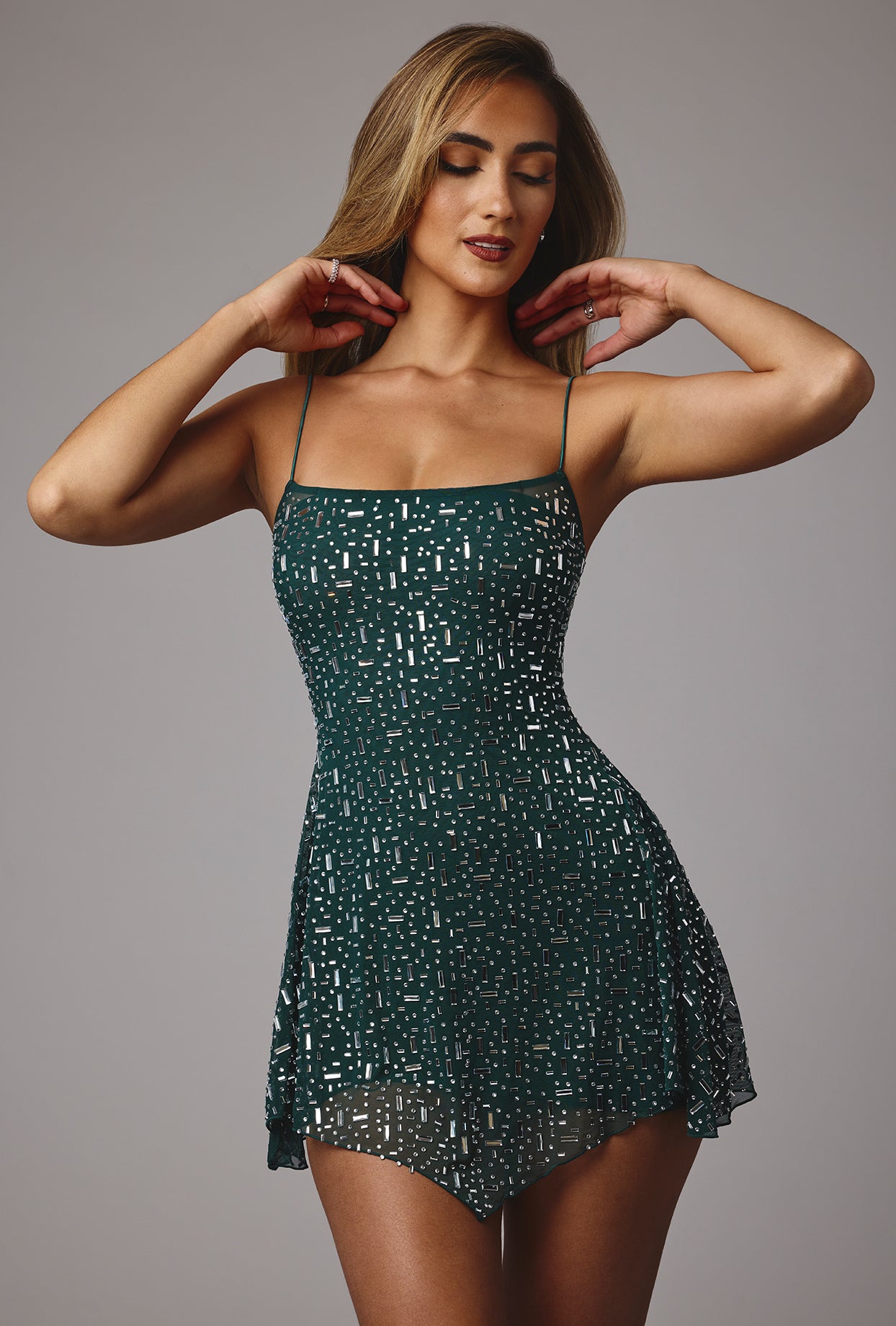 Emerald green sequin lace cheap frill hem bodycon dress