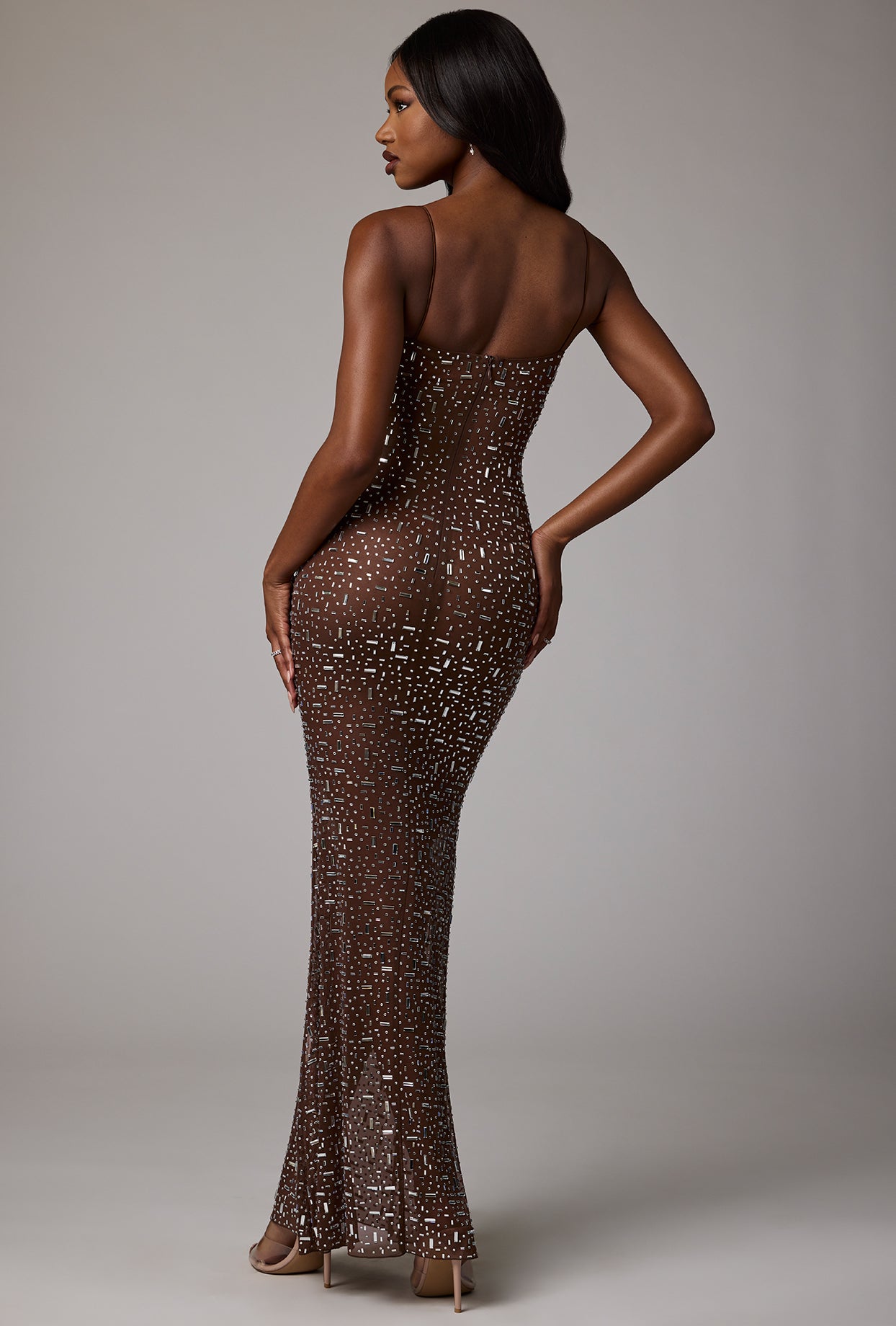 Sheer Embellished Scoop Neck Evening Gown in Deep Cocoa