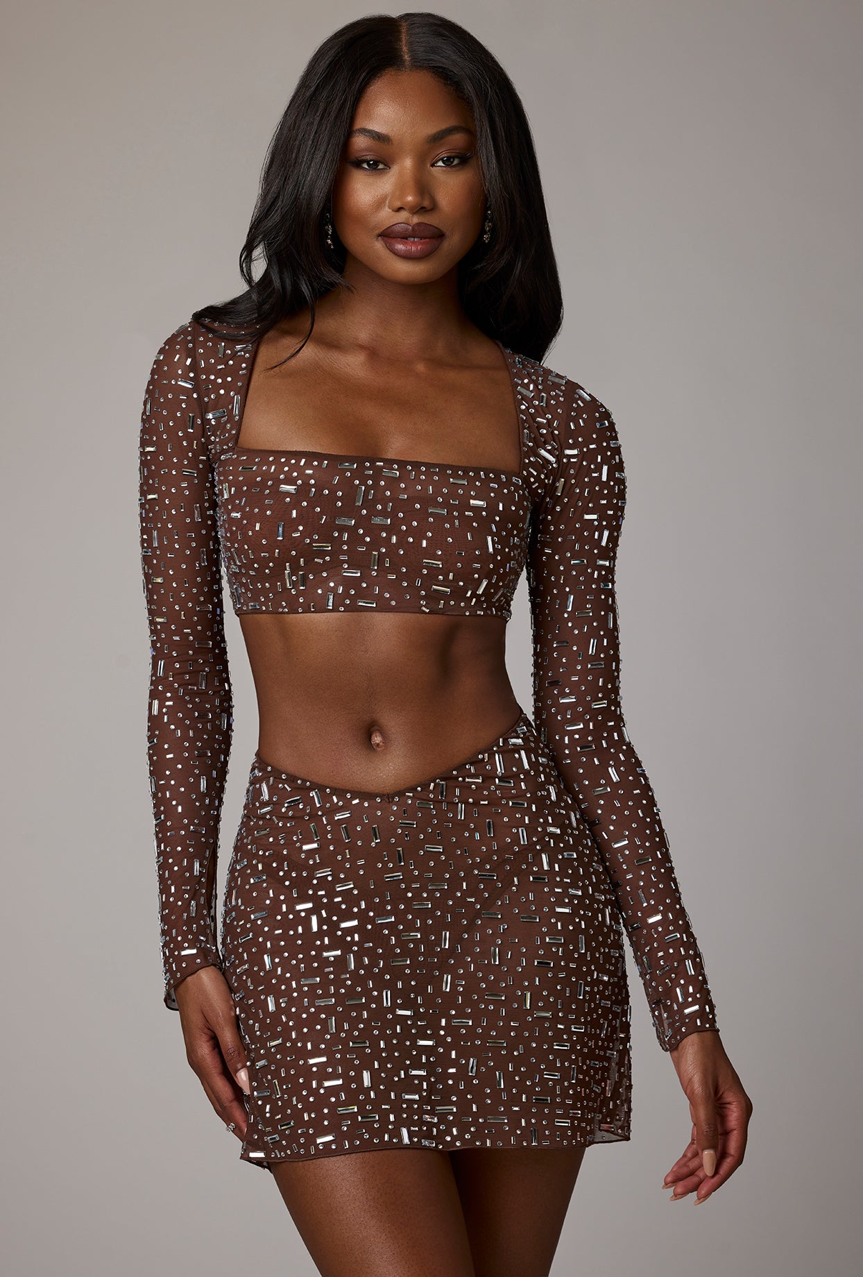 Guilia Sheer Embellished Long Sleeve Square Neck Crop Top in Deep