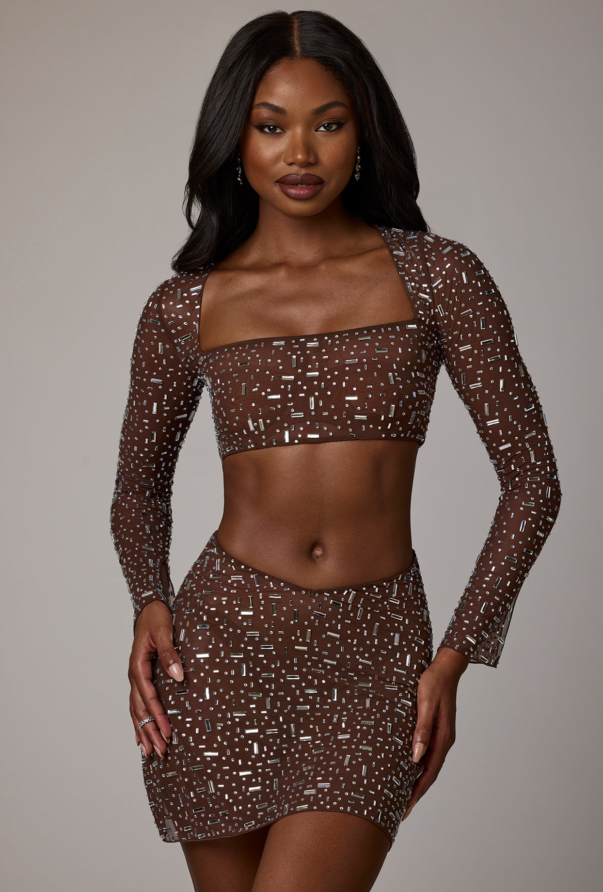 Sheer Embellished V Waist Mini Skirt in Deep Cocoa - 1