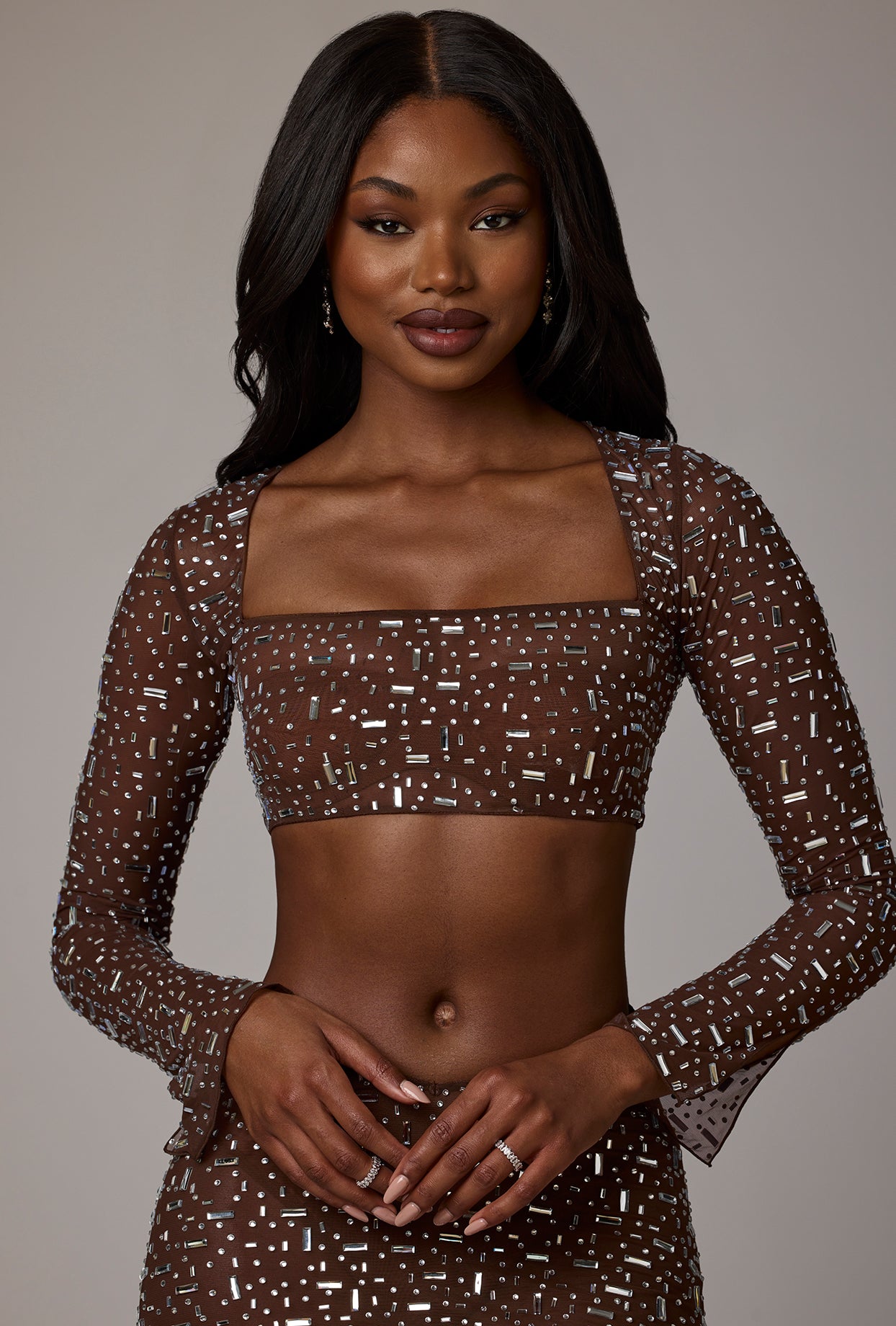Guilia Sheer Embellished Long Sleeve Square Neck Crop Top in Deep