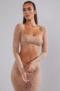Sheer Embellished Long Sleeve Square Neck Crop Top in Almond