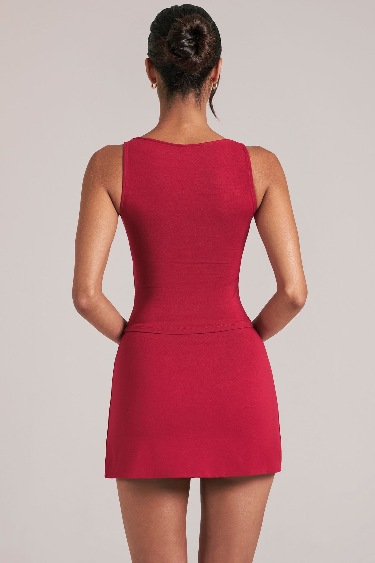 Mid-Rise Bodycon Ultra Mini Skirt with Split in Cherry Red - 2