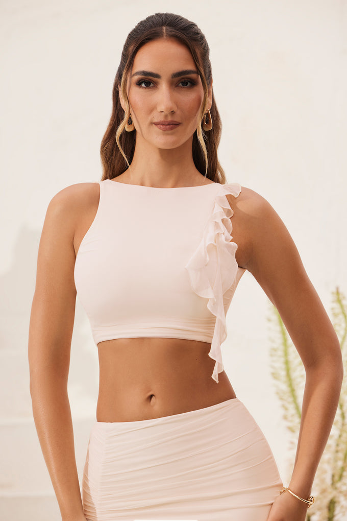 Open Back Ruched Ruffle Crop Top in Ivory