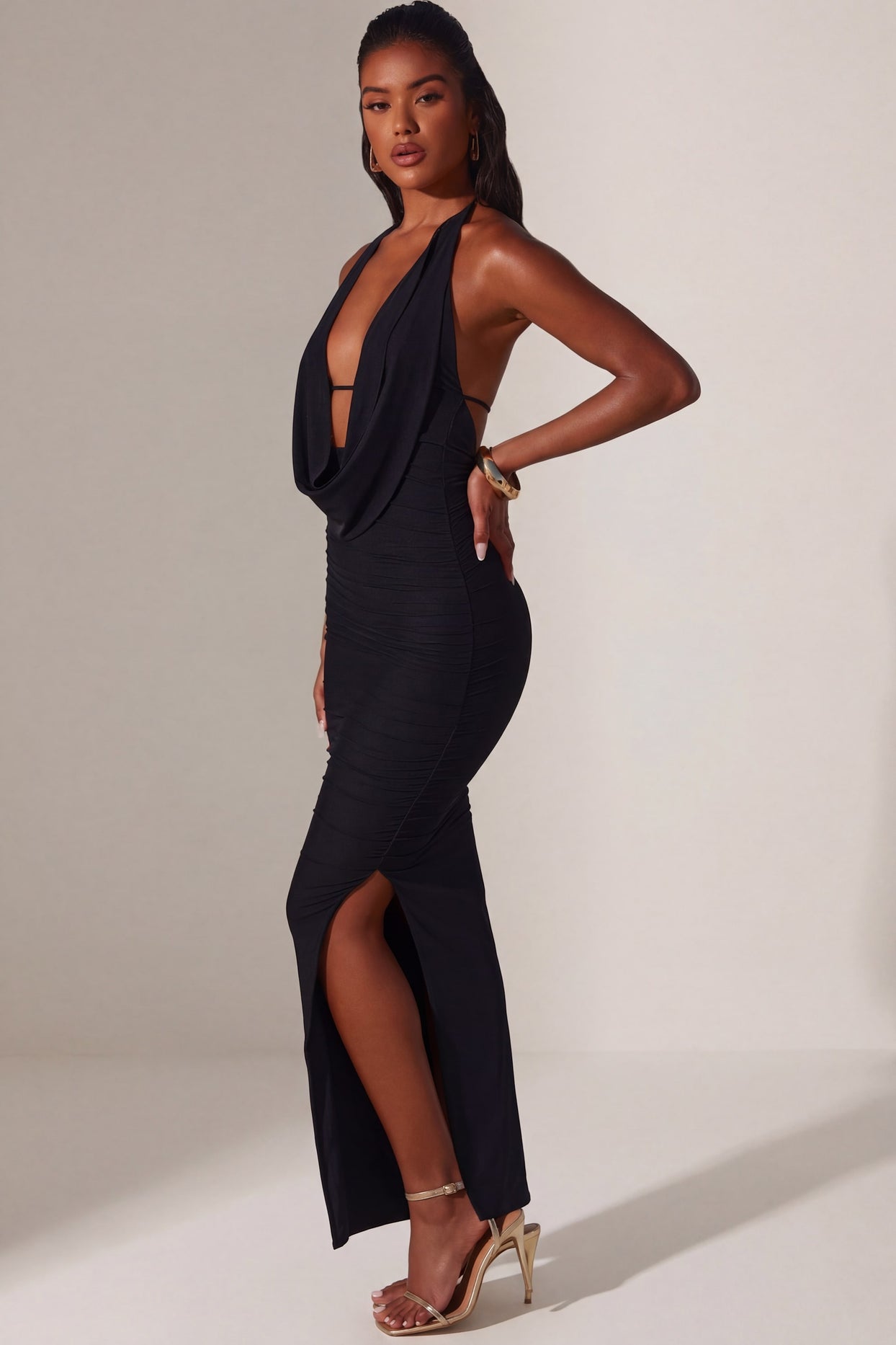 Plunge Cowl Neck Floor Length Dress in Black - 3