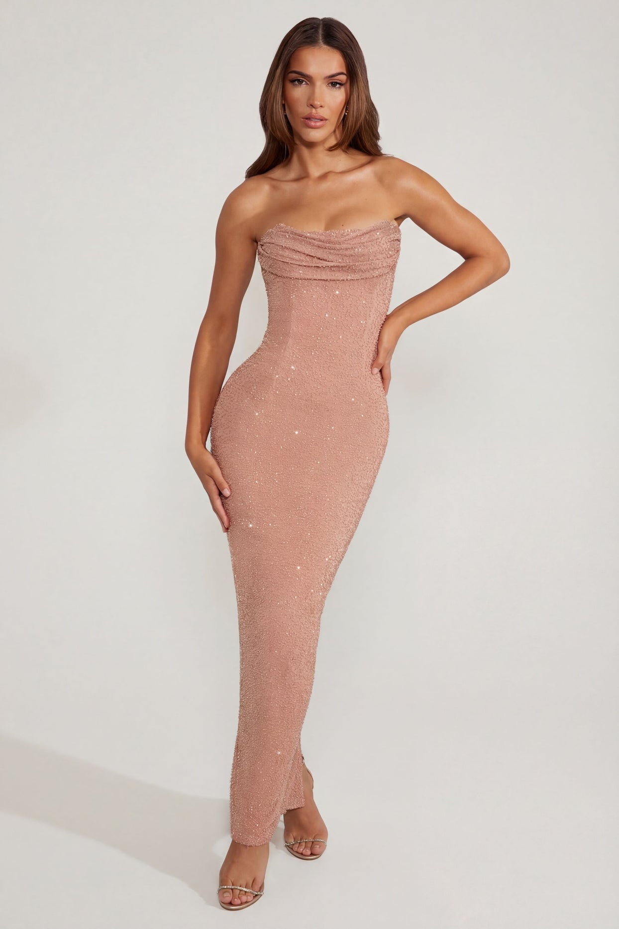 Embellished Bandeau Cowl Neck Maxi Dress in Caramel - 5