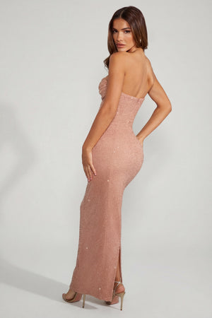 Embellished Bandeau Cowl Neck Maxi Dress in Beige