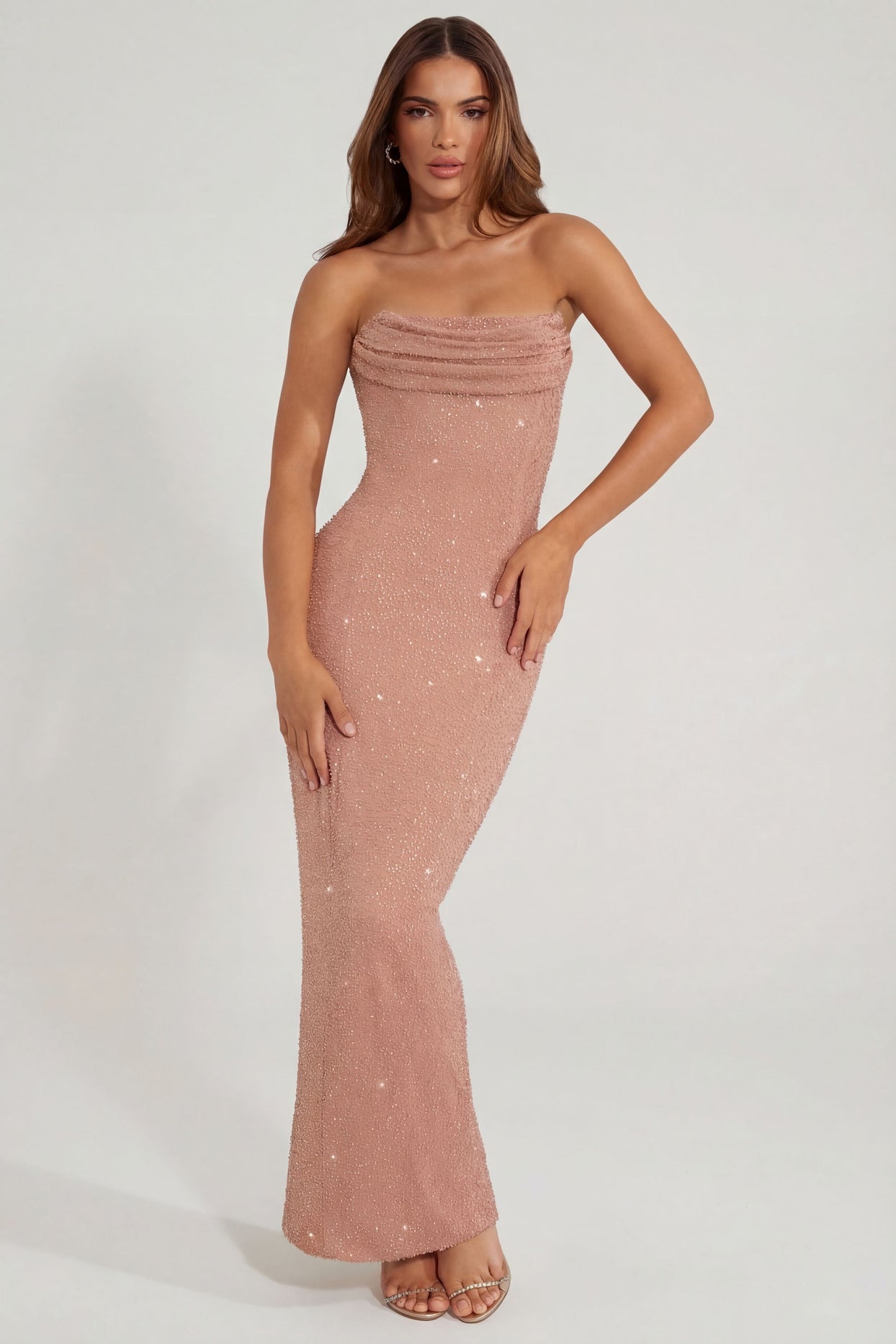 Embellished Bandeau Cowl Neck Maxi Dress in Caramel - 8