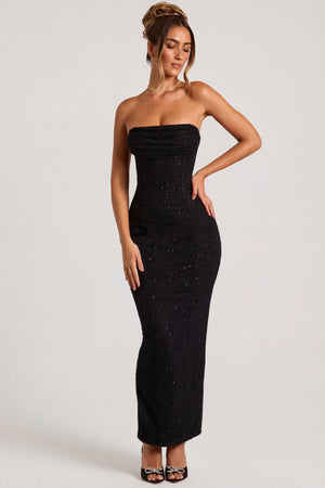 Oh Polly's Priscilla wearing the Palermo Maxi Dress in Black Embellished fabric perfect for formal dinner parties