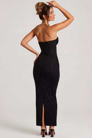 Oh Polly's Priscilla wearing the Palermo Maxi Dress in Black Embellished fabric perfect for elegant evening events