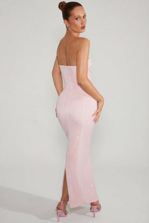 Oh Polly's Megi wearing the Palermo Maxi Dress in Blush Embellished fabric perfect for summer weddings