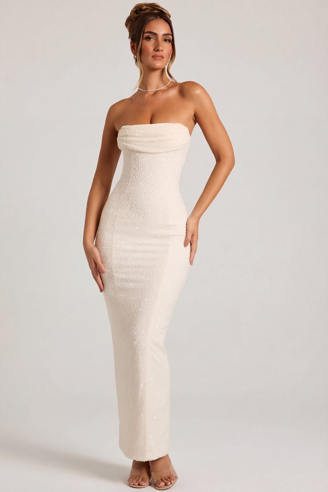 Embellished Bandeau Cowl Neck Maxi Dress in Snow - 4