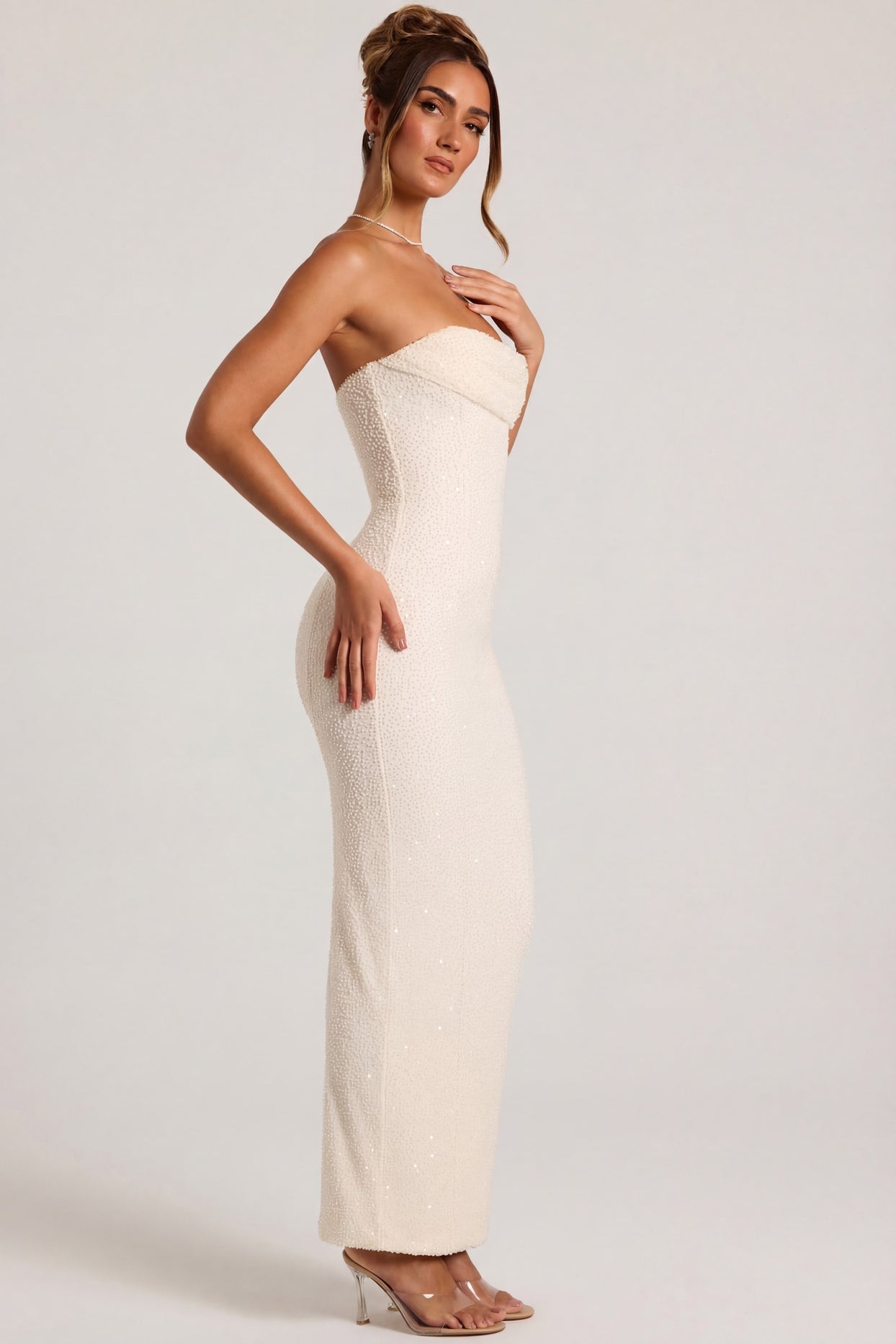 Embellished Bandeau Cowl Neck Maxi Dress in Snow - 3