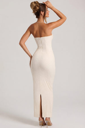 Oh Polly's Priscilla wearing the Palermo Maxi Dress in White Embellished fabric perfect for summer garden parties