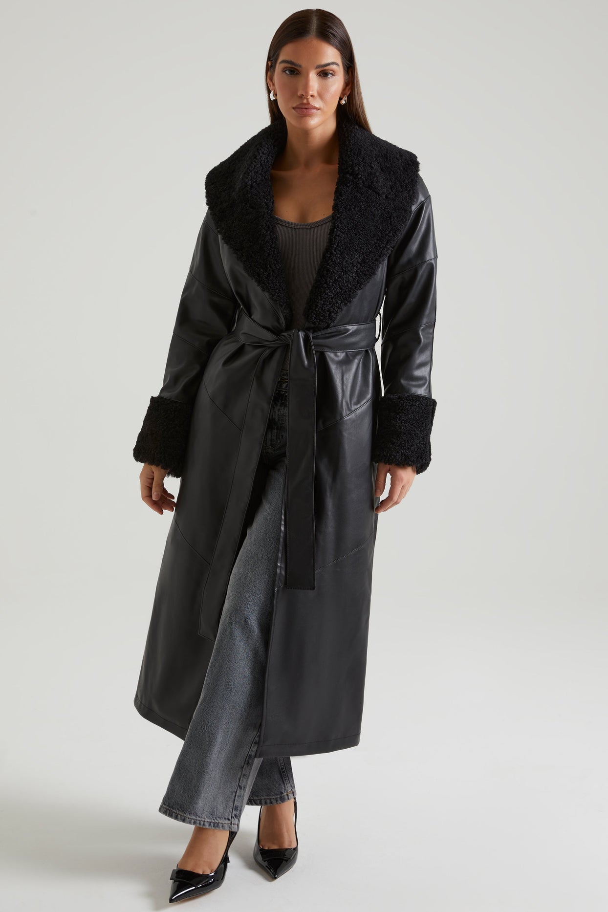 Tie Up Coat with Shearling Collar and Cuffs in Black