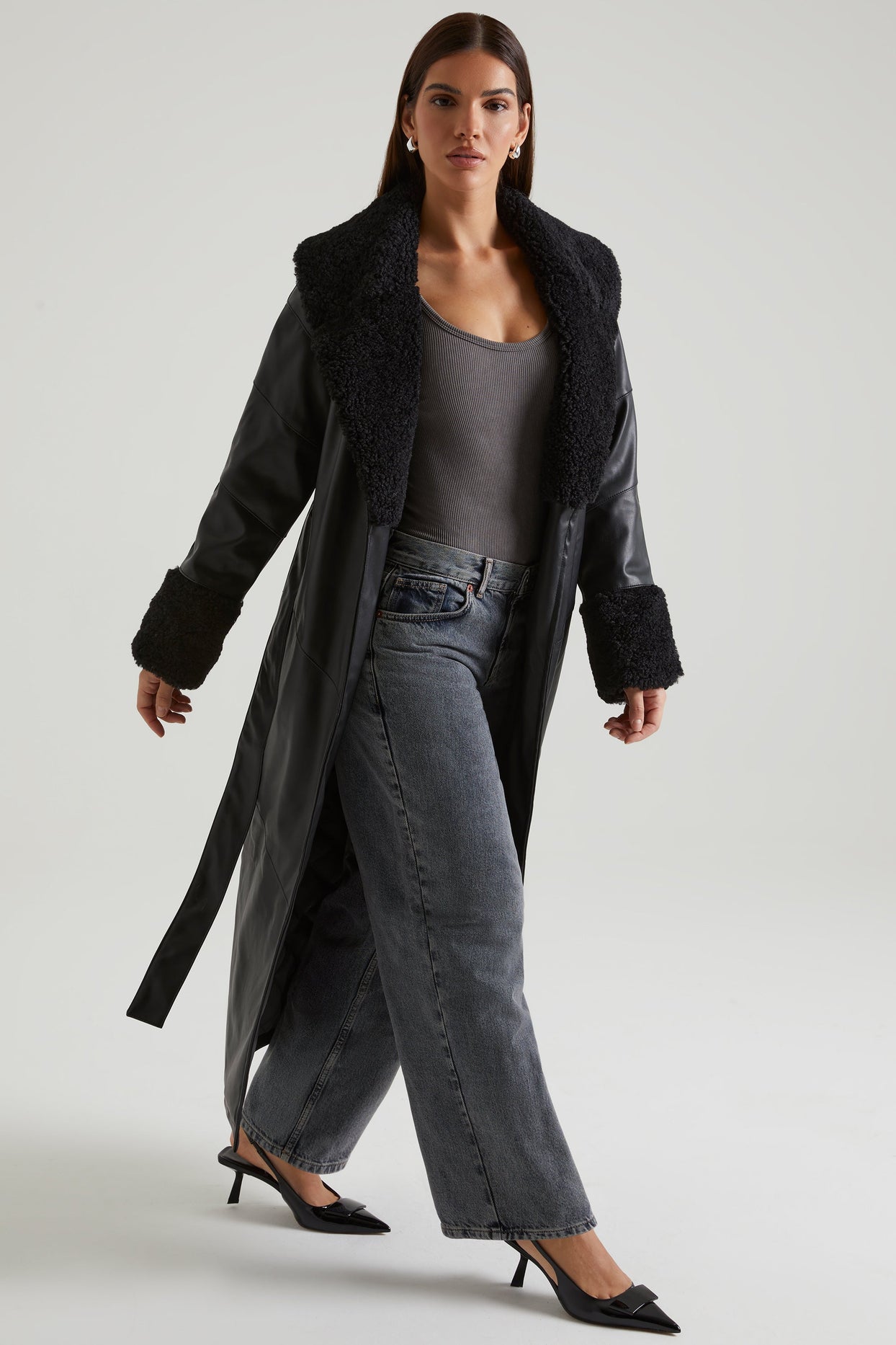 Tie Up Coat with Shearling Collar and Cuffs in Black