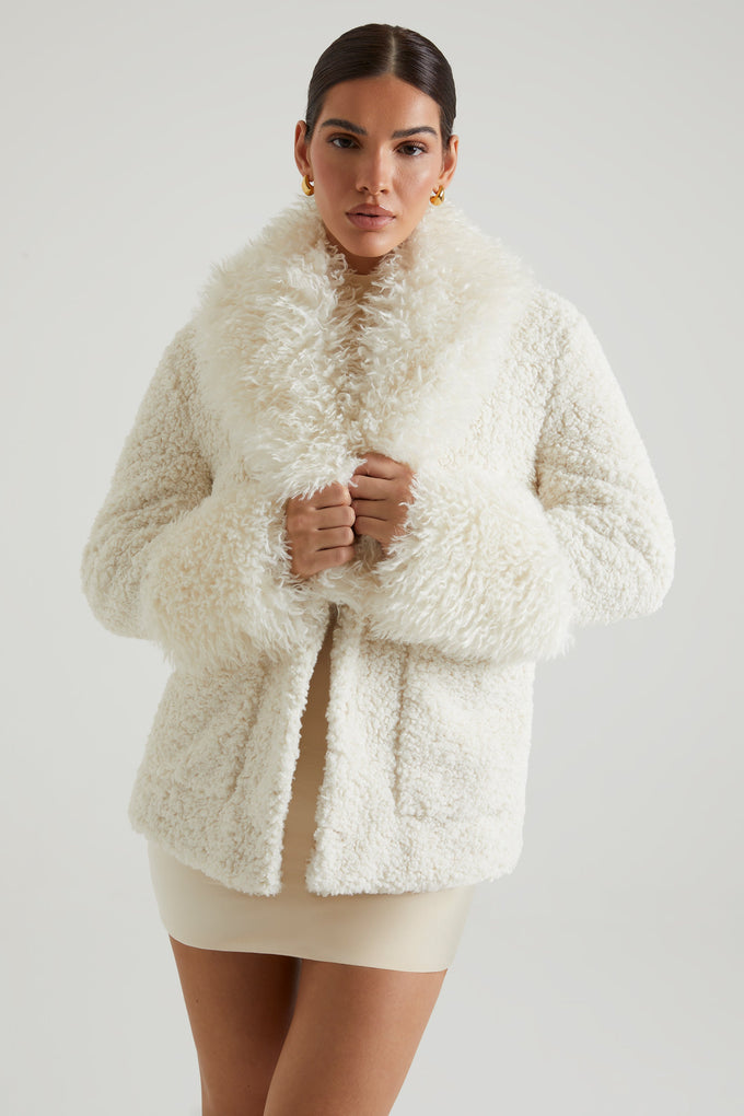 Shearling Coat with Large Front Pockets in Cream
