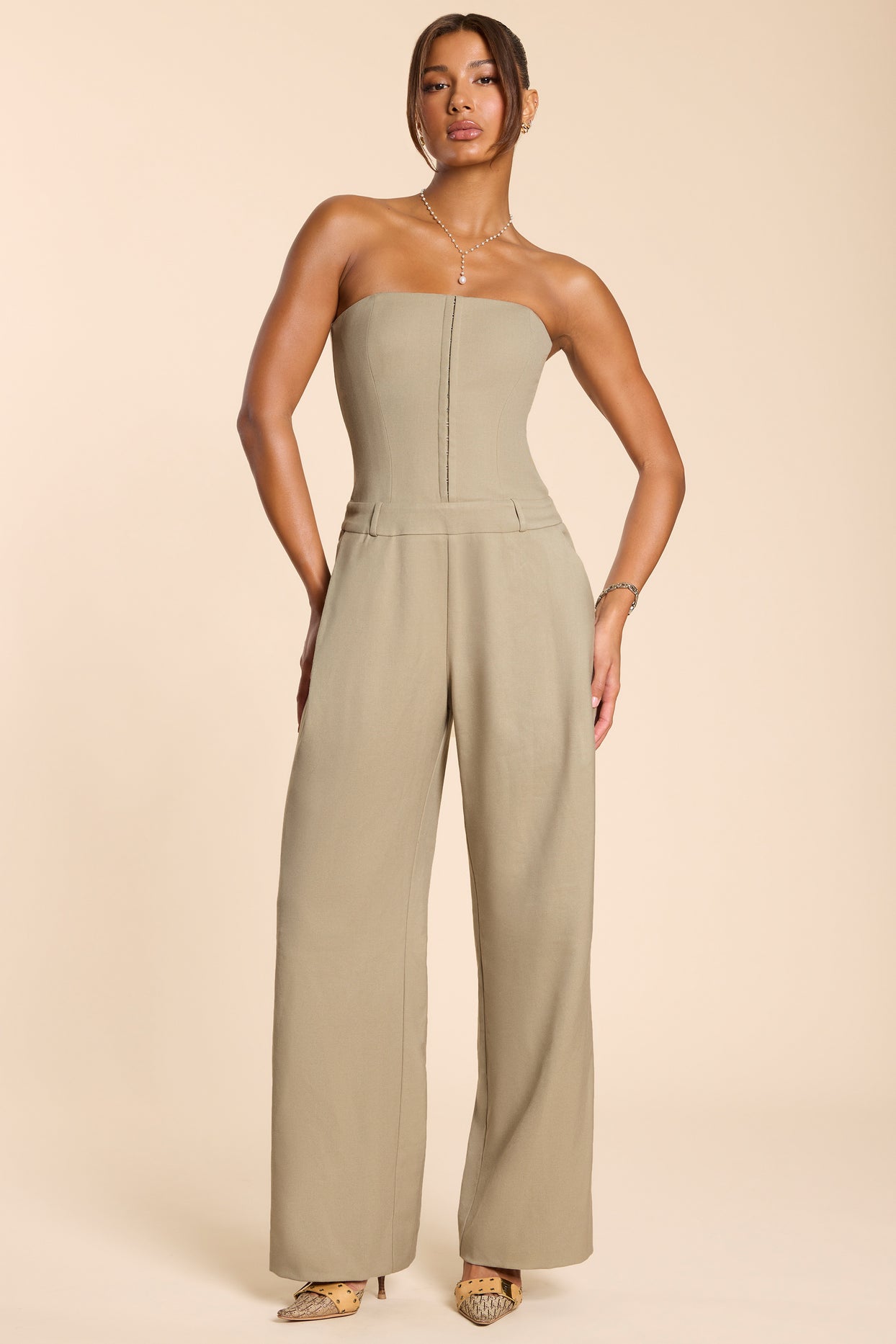 Tall Brushed Twill Bandeau Corset Jumpsuit in Taupe