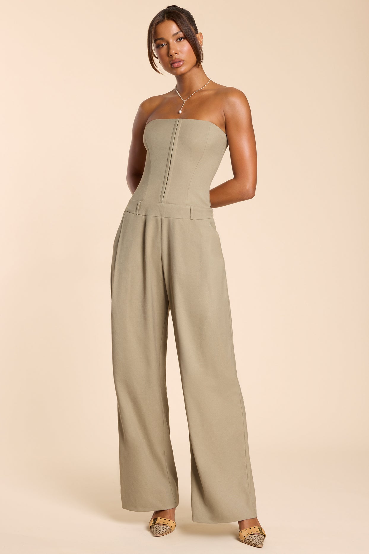 Tall Brushed Twill Bandeau Corset Jumpsuit in Taupe