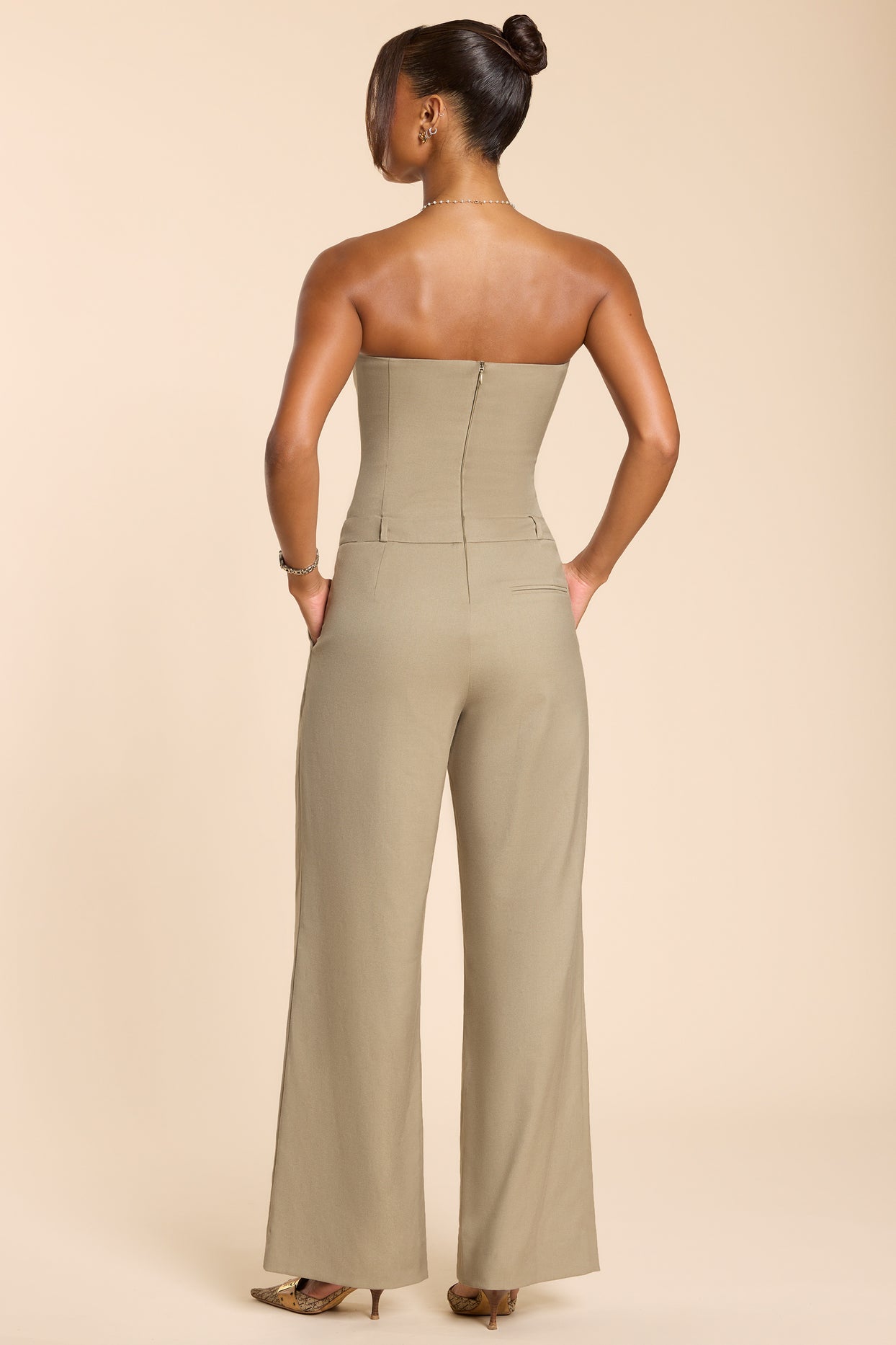 Petite Brushed Twill Bandeau Corset Jumpsuit in Taupe