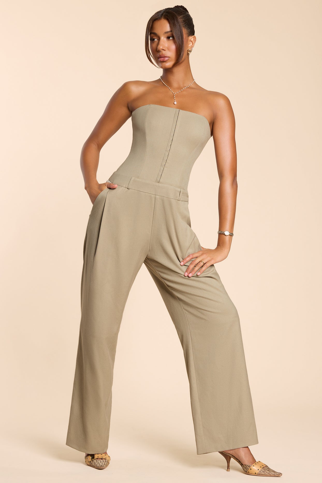 Tall Brushed Twill Bandeau Corset Jumpsuit in Taupe