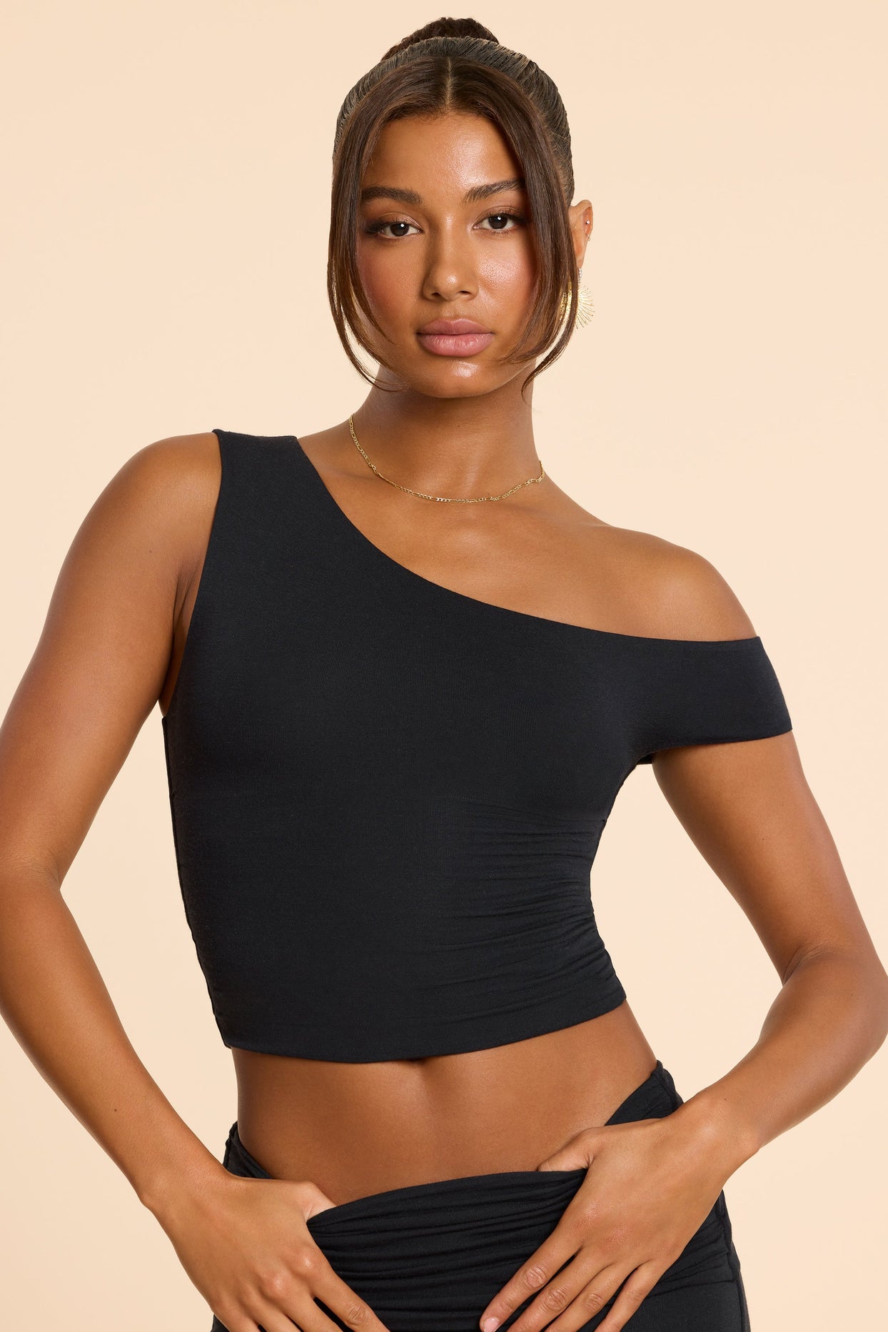 Asymmetric Neck Ruched Modal Cashmere Blend Top in Black