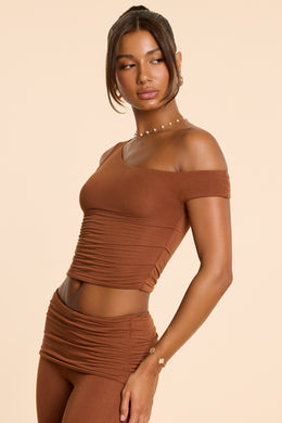 Asymmetric Neck Ruched Modal Cashmere Blend Top in Chestnut Brown