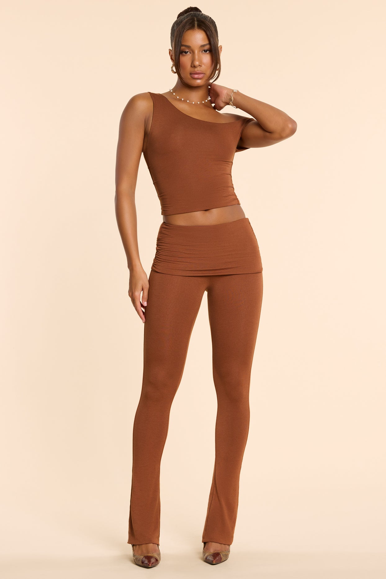 Anona Mid Rise Modal Cashmere Blend Trousers in Chestnut Brown