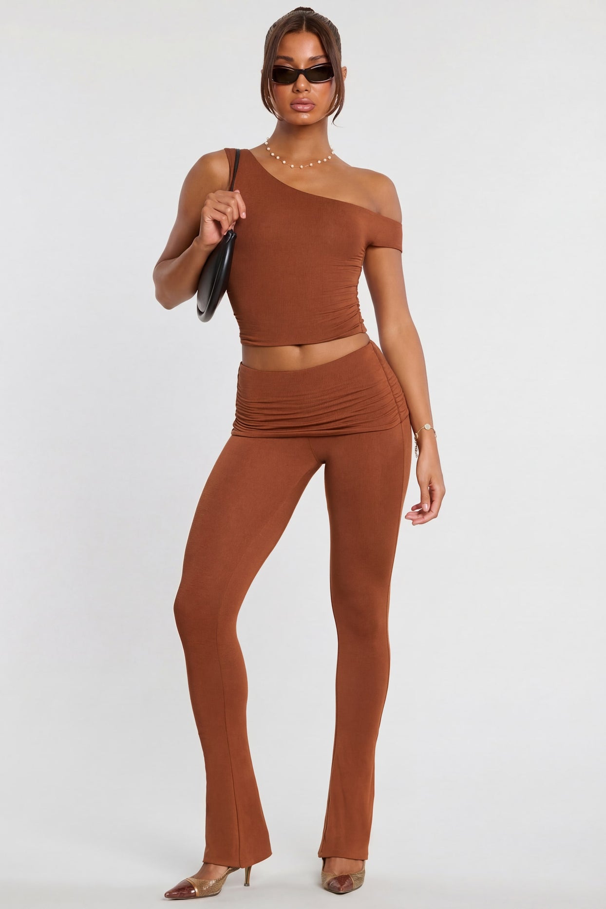 Mid Rise Modal Cashmere Blend Trousers in Chestnut Brown - 1