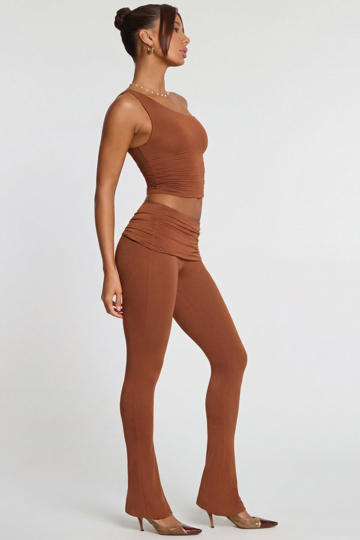 Mid Rise Modal Cashmere Blend Trousers in Chestnut Brown - 4