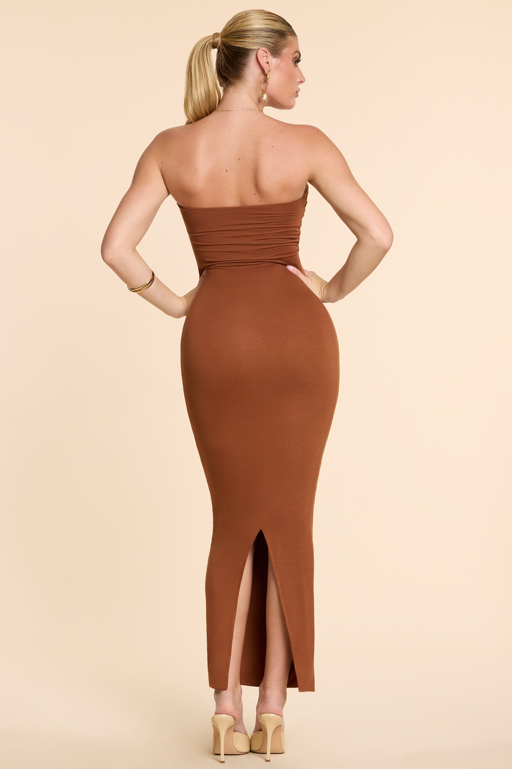 Strapless Ruched Modal Cashmere Blend Maxi Dress in Chestnut Brown