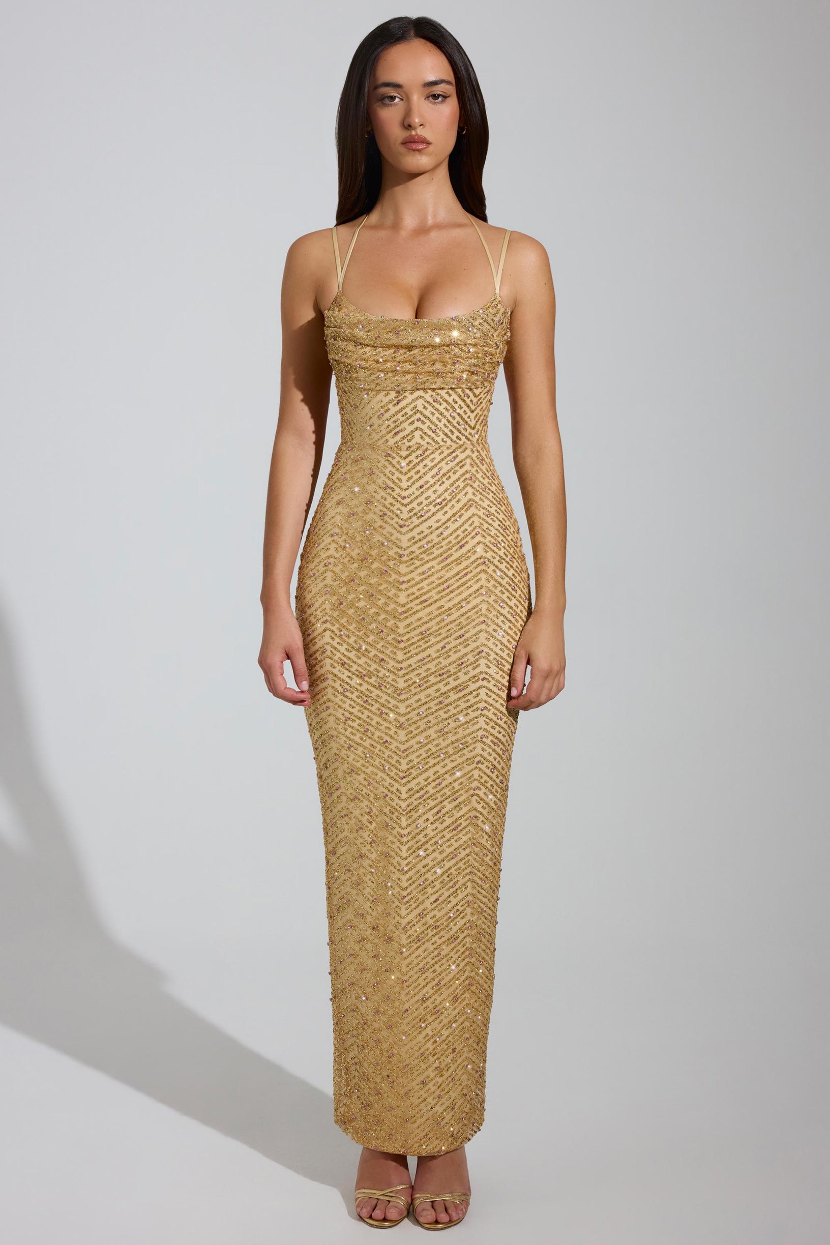 Embellished Cowl-Neck Maxi Dress in Gold - 1
