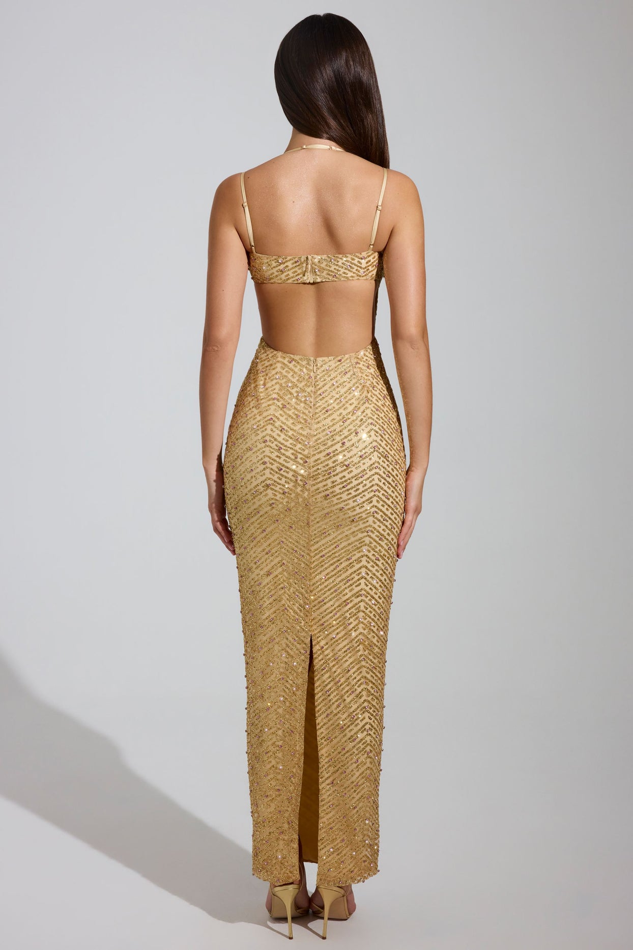Embellished Cowl-Neck Maxi Dress in Gold - 2