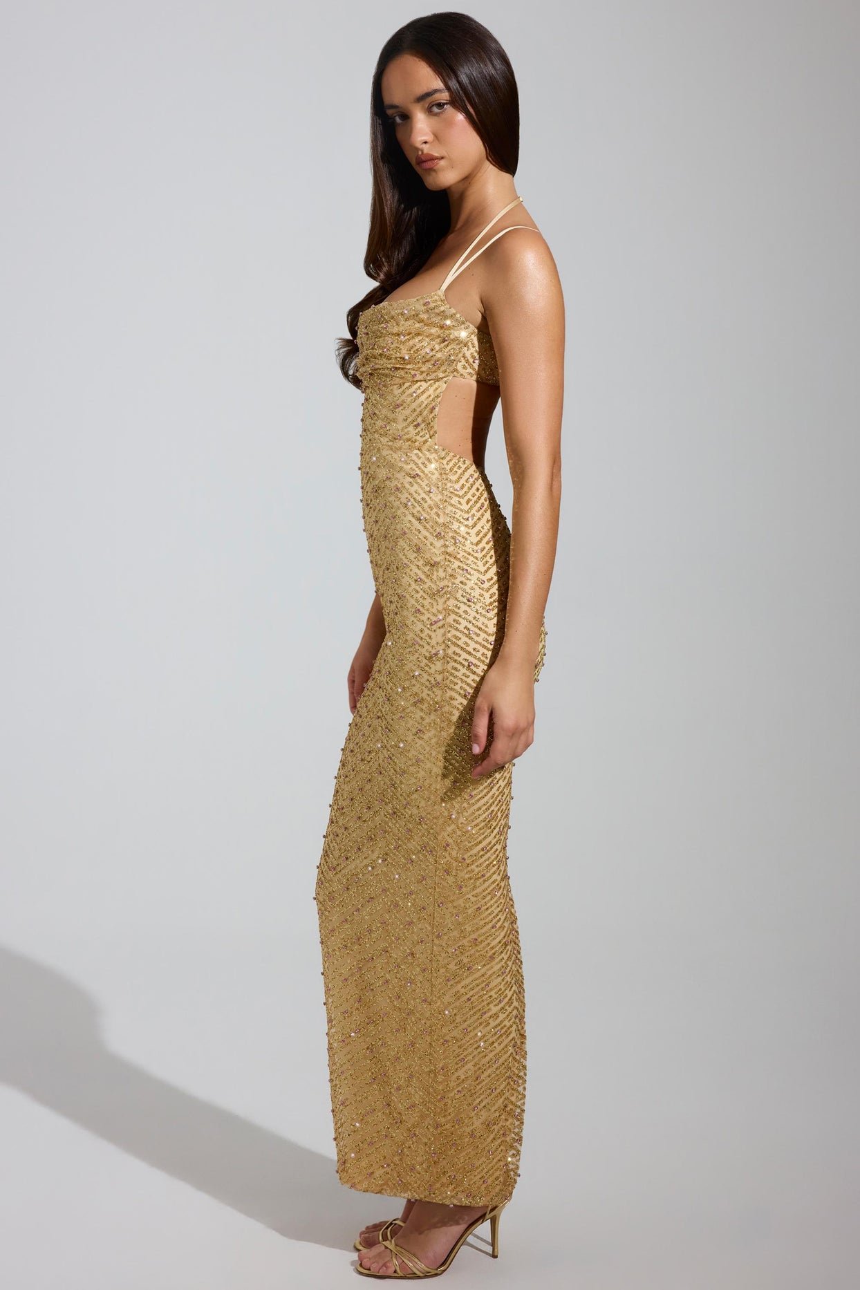 Embellished Cowl-Neck Maxi Dress in Gold - 3