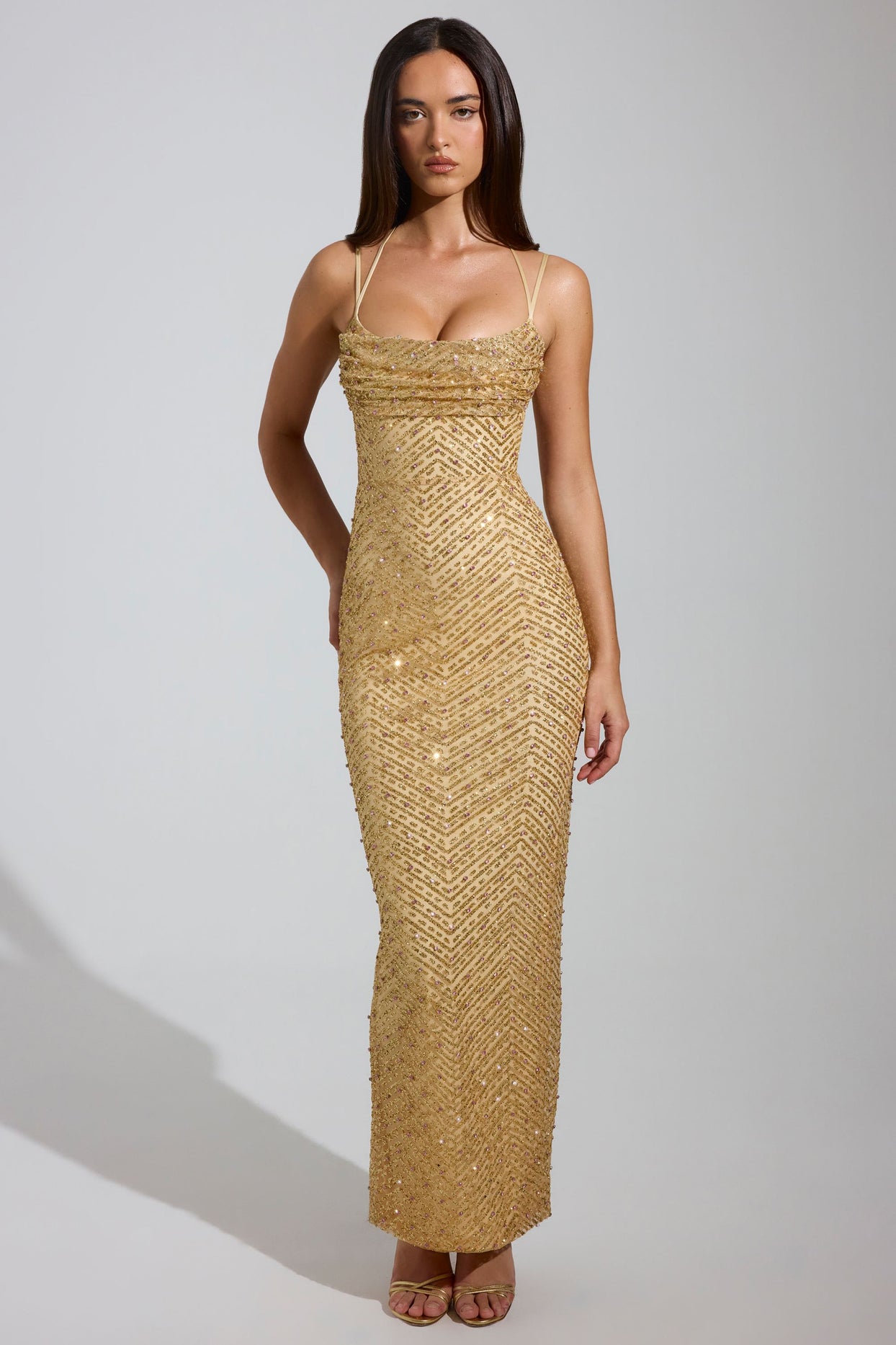 Embellished Cowl-Neck Maxi Dress in Gold - 5