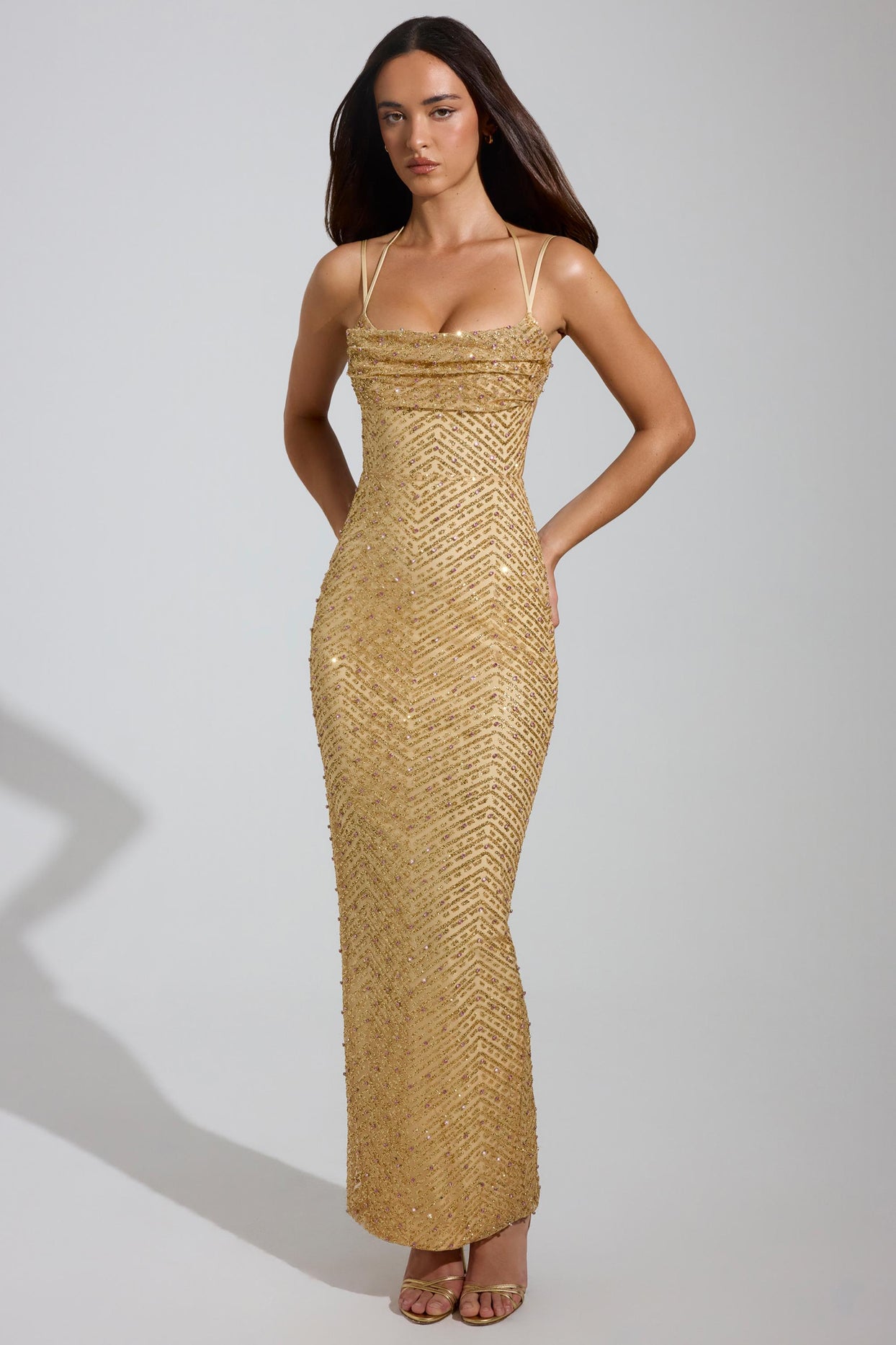 Embellished Cowl-Neck Maxi Dress in Gold - 7