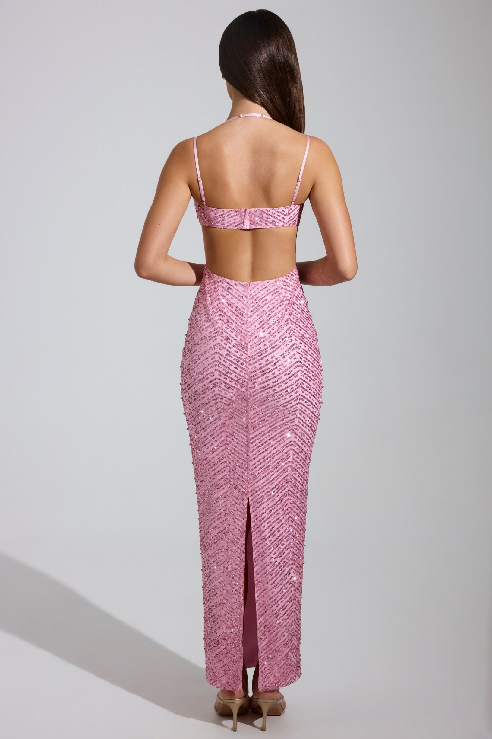 Embellished Cowl-Neck Maxi Dress in Pink - 2