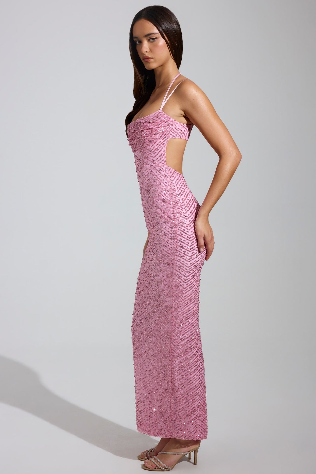 Embellished Cowl-Neck Maxi Dress in Pink - 3