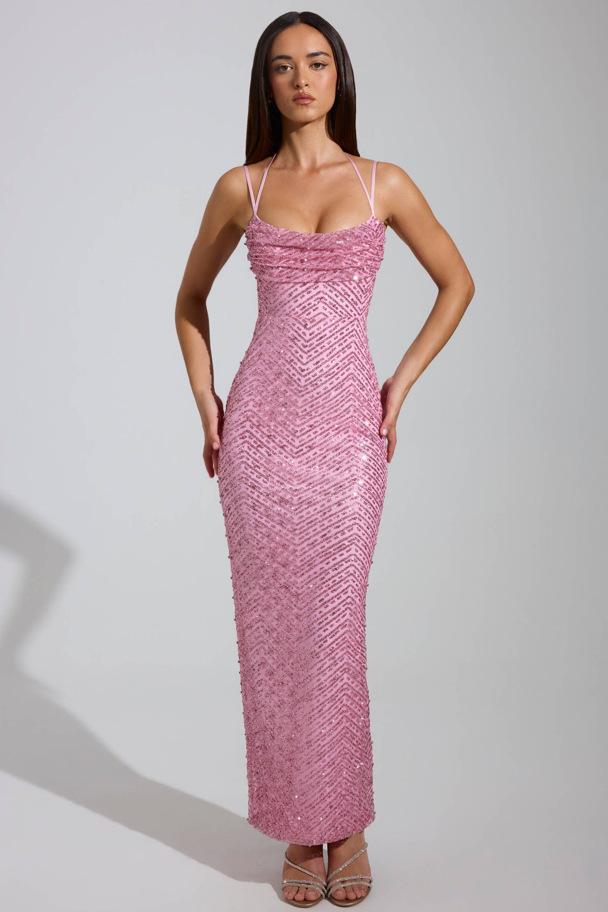 Embellished Cowl-Neck Maxi Dress in Pink - 5