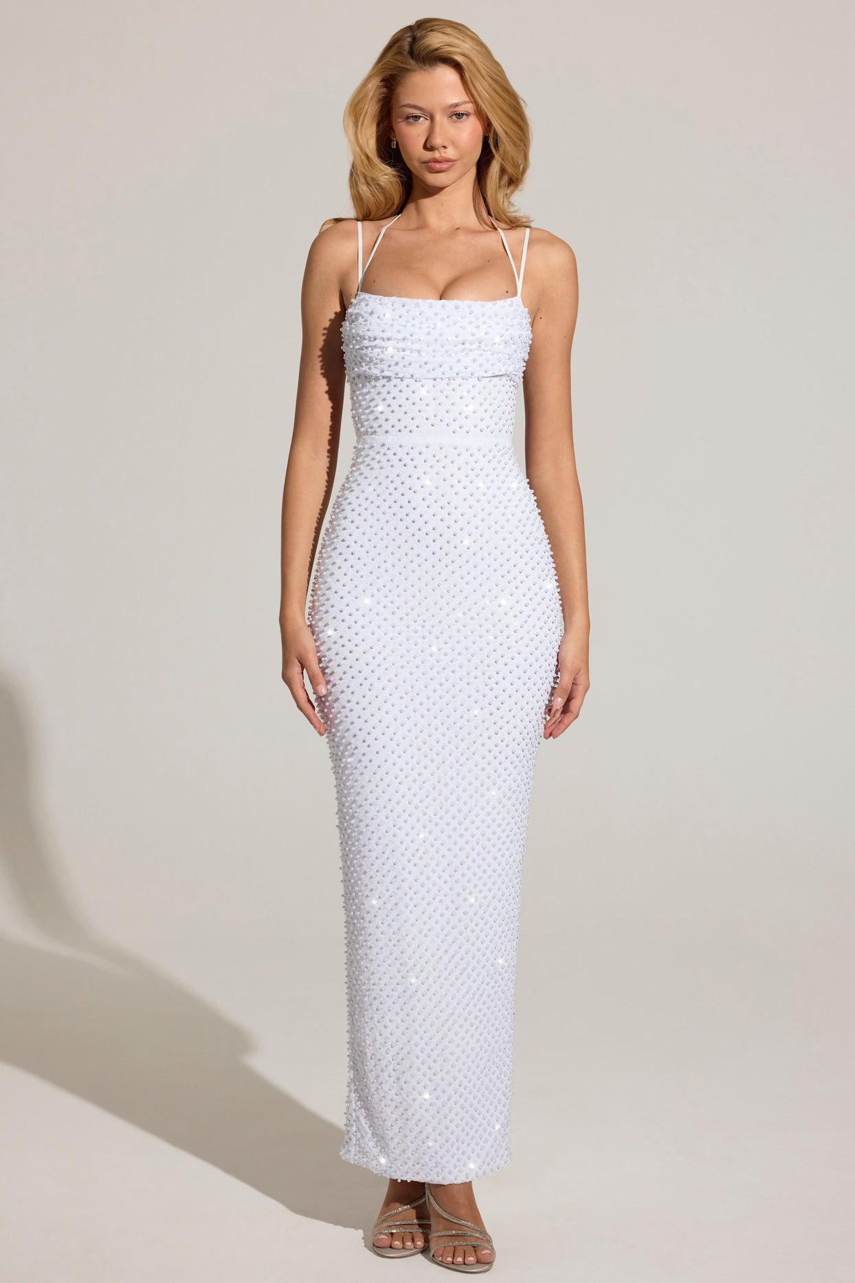 Embellished Cowl-Neck Maxi Dress in White - 7