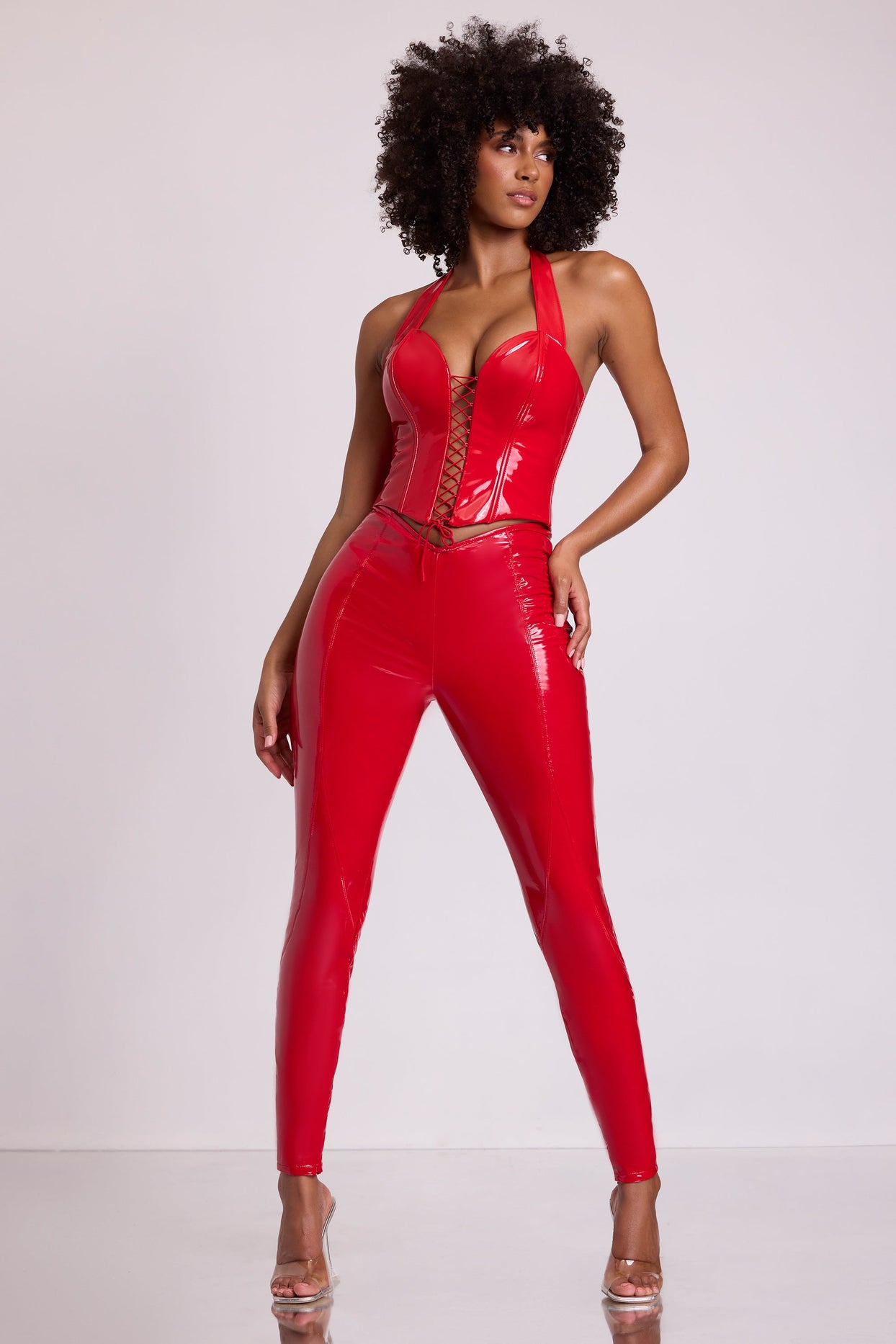 Vinyl Halter Neck Lace Up Corset Crop Top in Fire Red