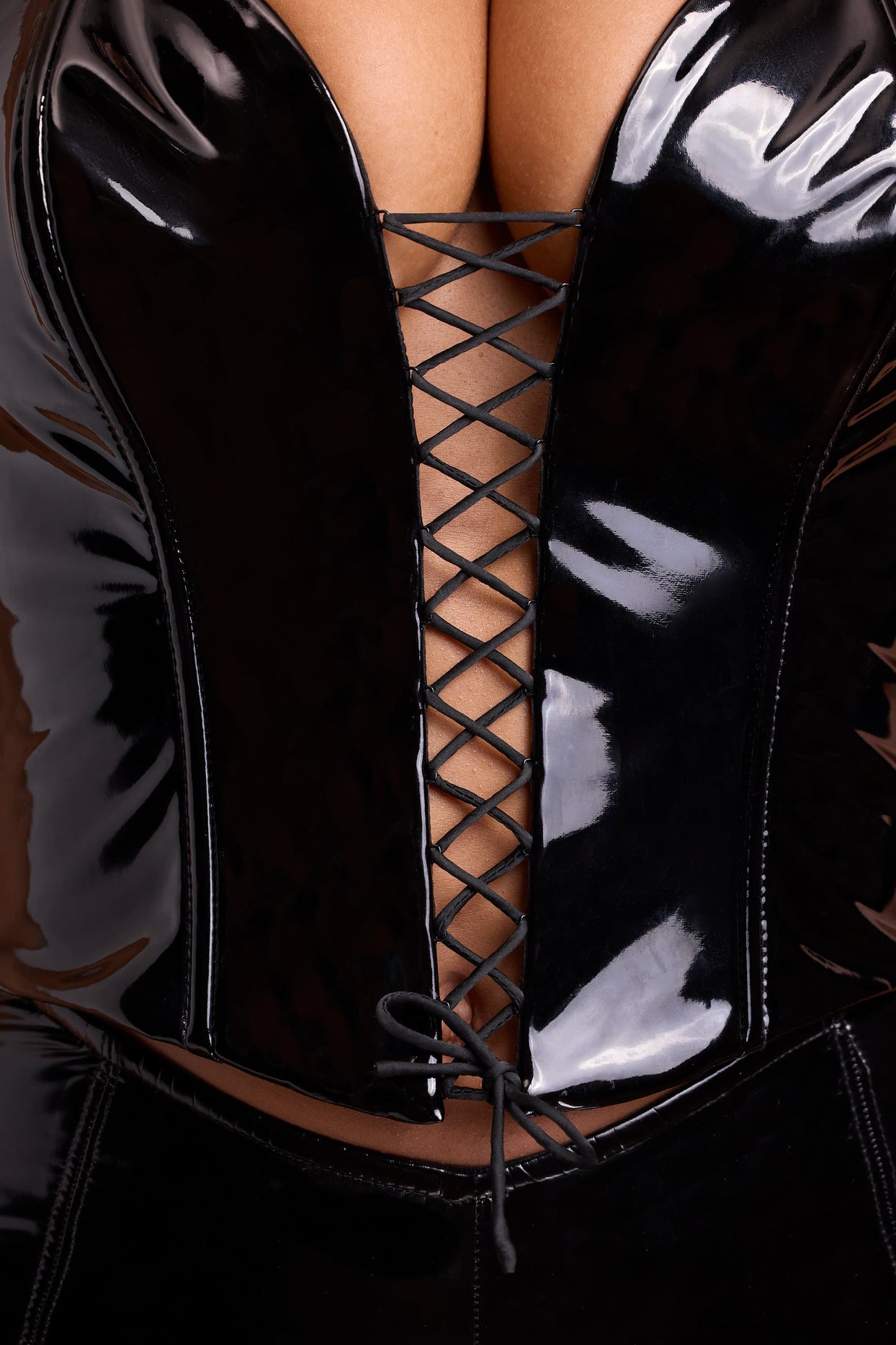 Vinyl Halter Neck Lace Up Corset Crop Top in Black - 5